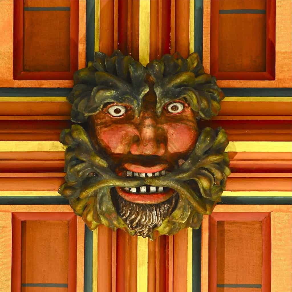 Painted wooden roof boss from Rochester Cathedral, Kent (medieval)