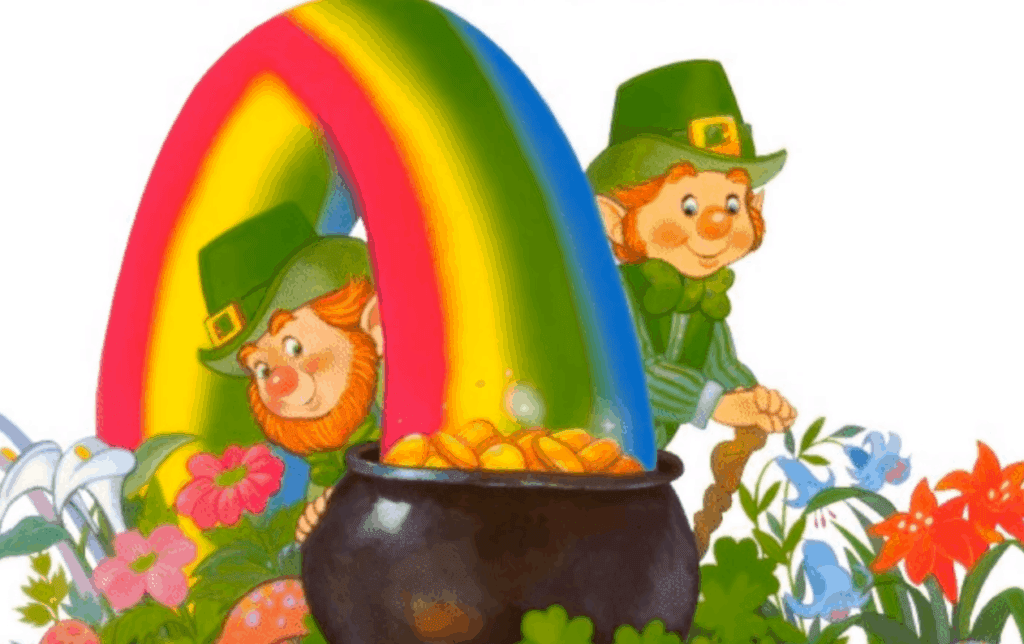 Leprechauns at the base of a rainbow with a black pot of Gold 