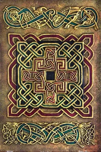 The book of Kells written in Latin featuring a Celtic knot