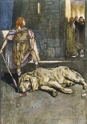 Cu Chulainn "Setanta Slays the Hound of Culain", illustration by Stephen Reid from Eleanor Hull, The Boys' Cuchulain, 1904