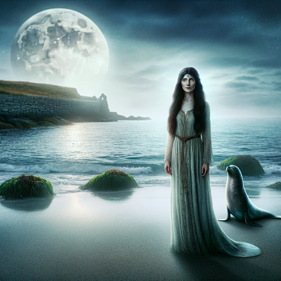 A realistic image of a female selkie who has almost completely transformed into her human form on a serene Irish beach under moonlight. 