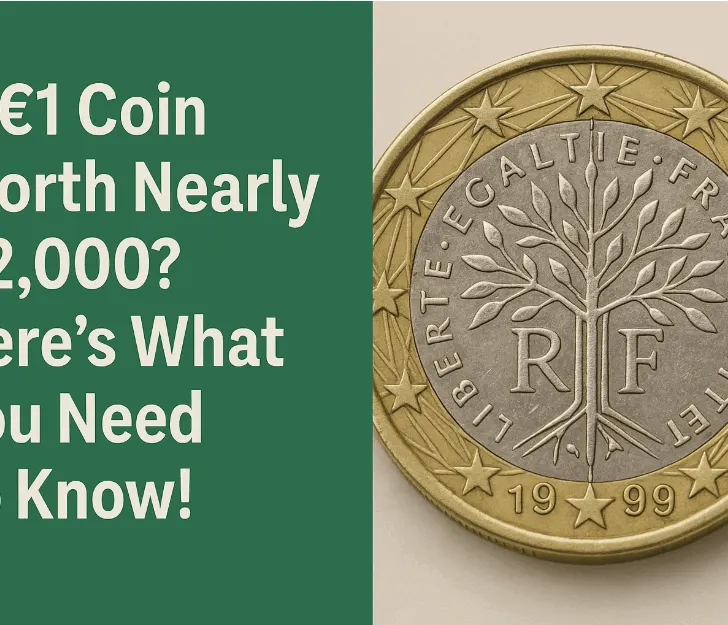 €1 euro coin a close-up of the rare 1999 French €1 coin with a tree design and the inscription 'Liberté, Égalité, Fraternité' on the right, and bold white text on a green background on the left reading 'A €1 Coin Worth Nearly €2,000? Here's What You Need To Know!