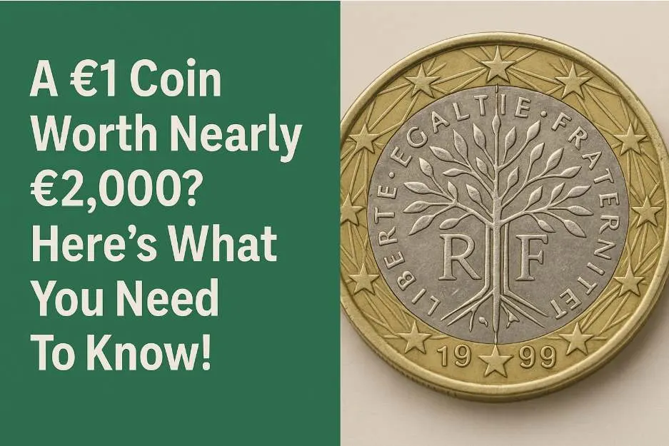 €1 euro coin a close-up of the rare 1999 French €1 coin with a tree design and the inscription 'Liberté, Égalité, Fraternité' on the right, and bold white text on a green background on the left reading 'A €1 Coin Worth Nearly €2,000? Here's What You Need To Know!