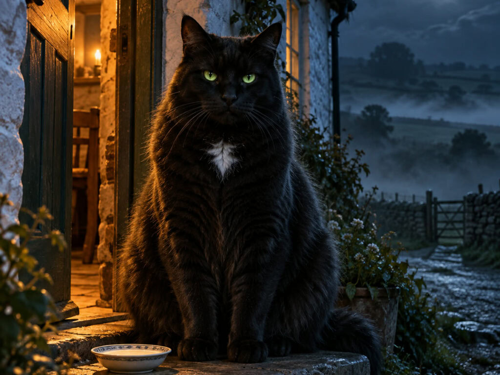 A large black cat with a white patch on its chest sitting on a cottage doorstep at night beside a saucer of milk, the Cat Sìth of Celtic folklore