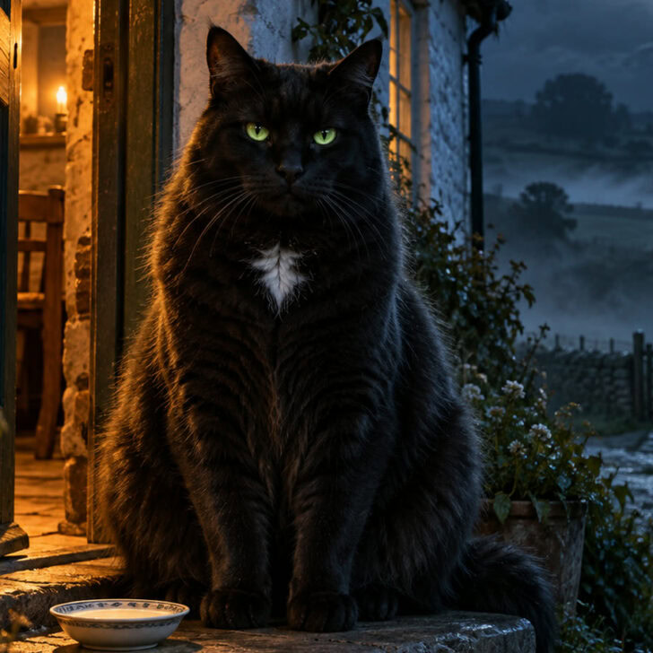 A large black cat with a white patch on its chest sitting on a cottage doorstep at night beside a saucer of milk, the Cat Sìth of Celtic folklore