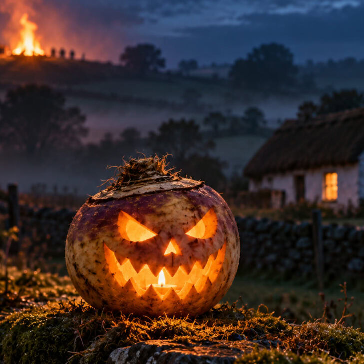 A turnip carved into a glowing jack-o'-lantern on a mossy stone wall in rural Ireland, with a Samhain bonfire on the hill and a thatched cottage behind