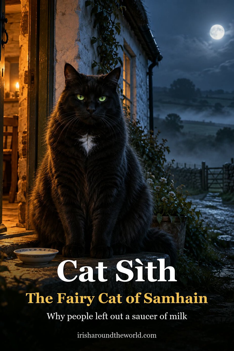 Cat S&igrave;th, the fairy cat of Samhain: a large black cat on a cottage doorstep beside a saucer of milk