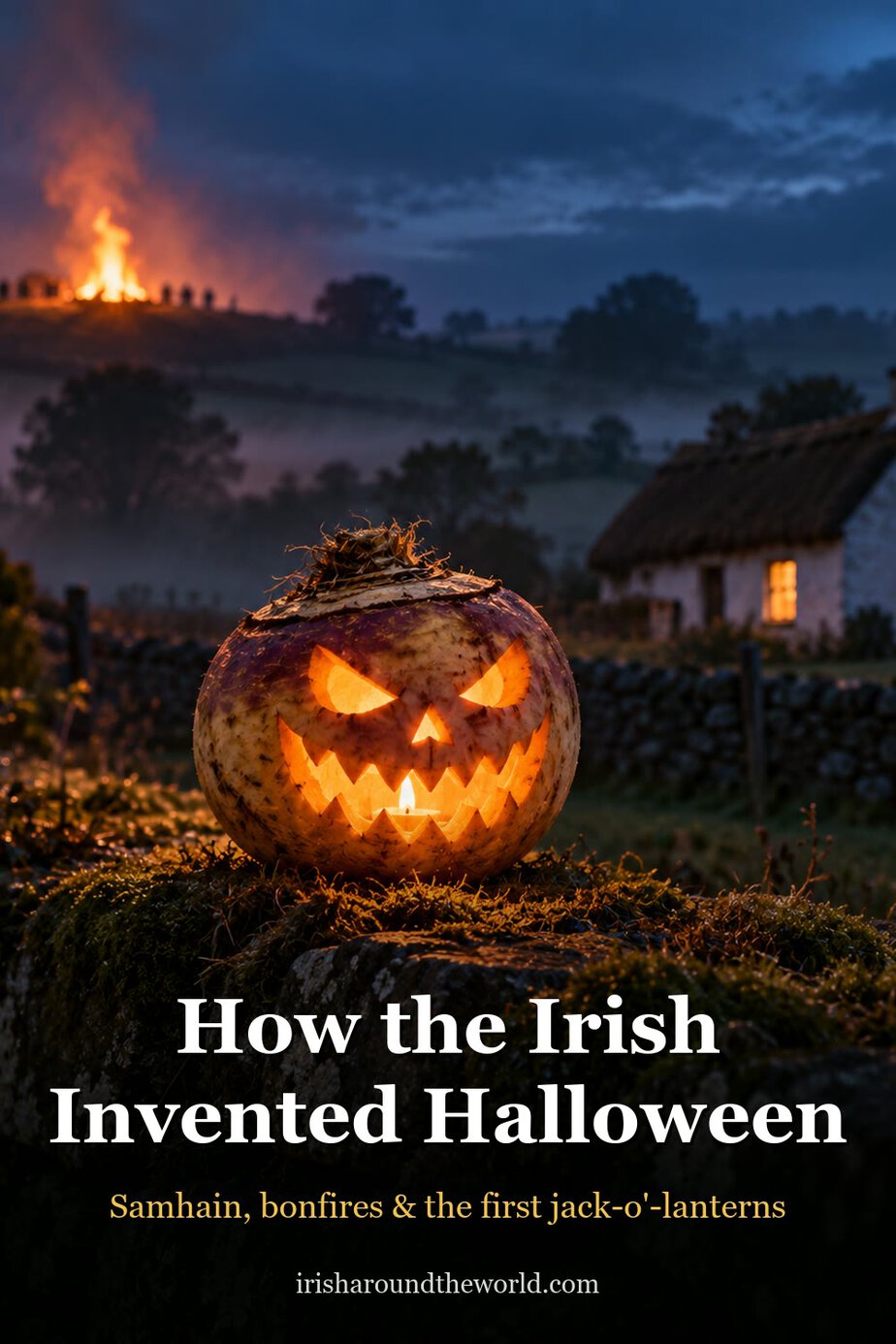 How the Irish Invented Halloween: Samhain, bonfires and the first jack-o'-lanterns, with a carved turnip lantern glowing on a stone wall