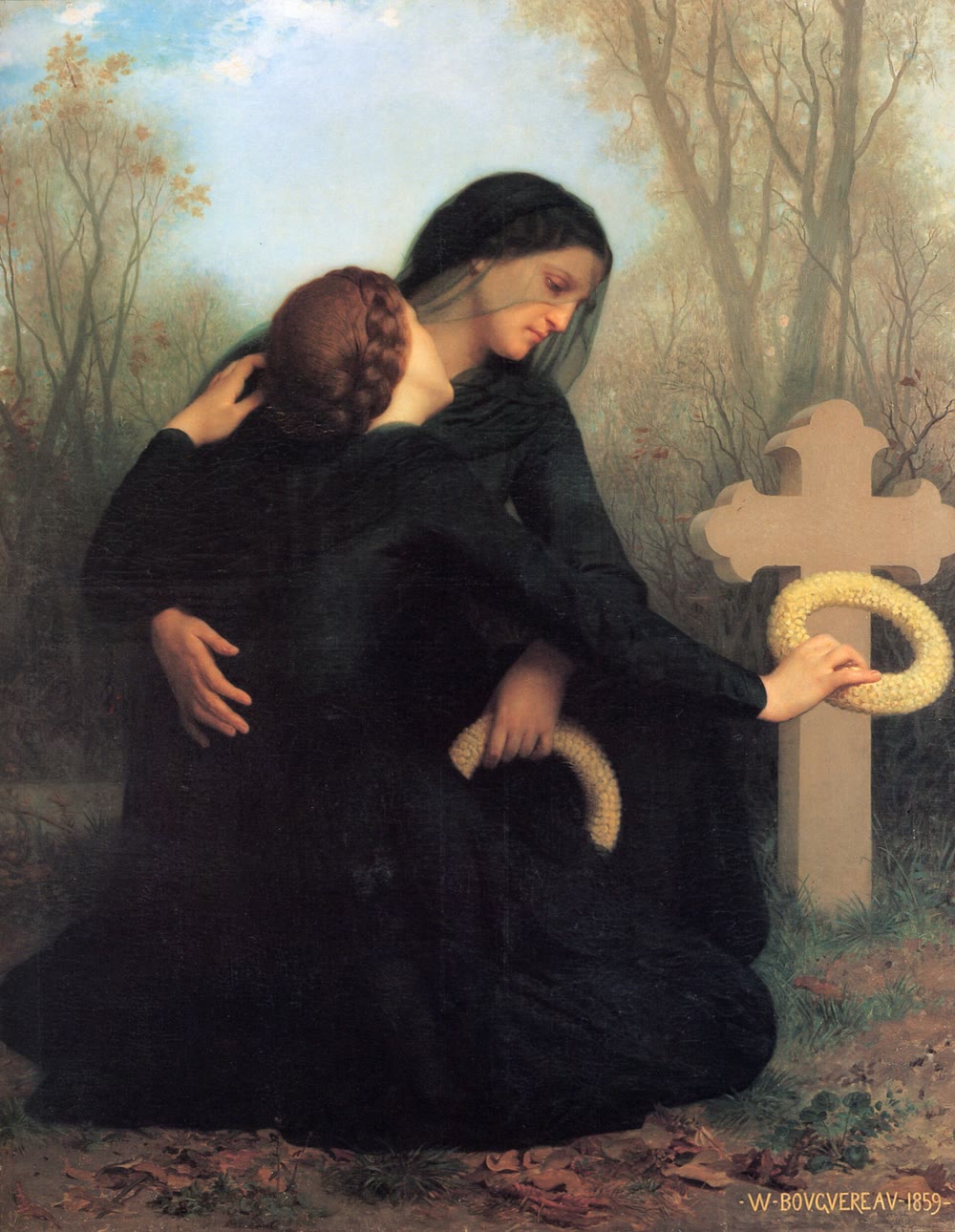Painting of two women in black mourning clothes embracing at a grave, one hanging a wreath of pale flowers on a stone cross among autumn trees