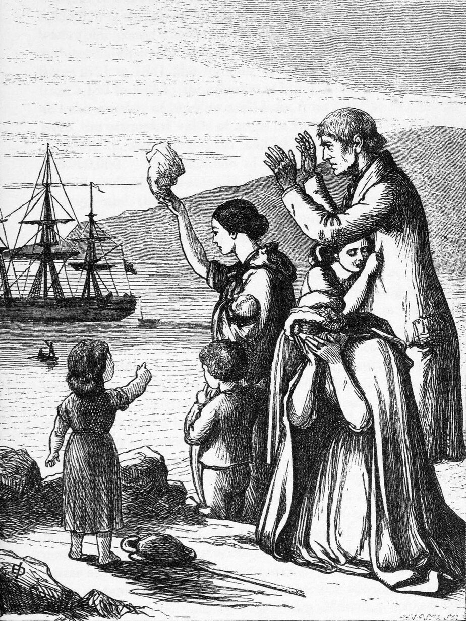 Victorian engraving of an Irish family on the shore waving and weeping as an emigrant ship sails away
