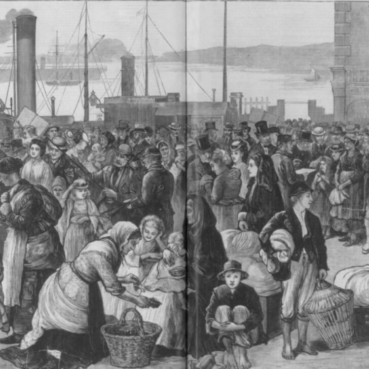 Harper's Weekly 1874 engraving of emigrants with bundles and baskets crowding the quay at Queenstown before sailing for New York