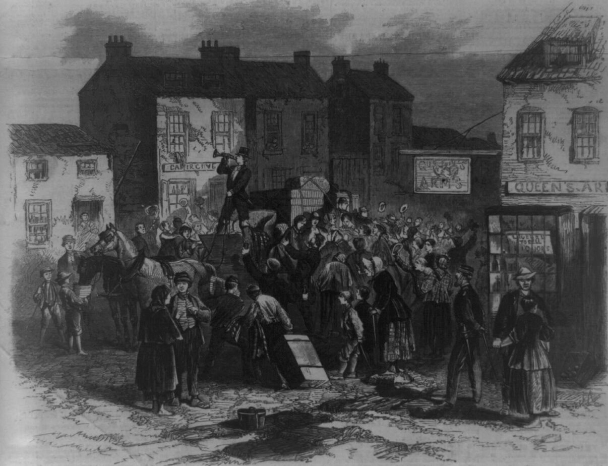 1866 wood engraving of a crowd of family and neighbours seeing off Irish emigrants on the mail coach at Cahirciveen, County Kerry