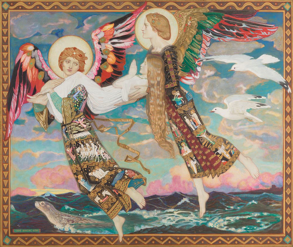 John Duncan's painting Saint Bride: two winged angels in richly embroidered robes carry a young woman in white over a dark green sea, with gulls flying and a seal in the waves