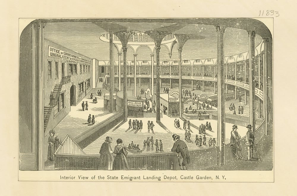 Engraving of the round interior of Castle Garden, with emigrants crossing the floor under a domed roof, signs for the railroad and exchange offices, and onlookers at a railing in front