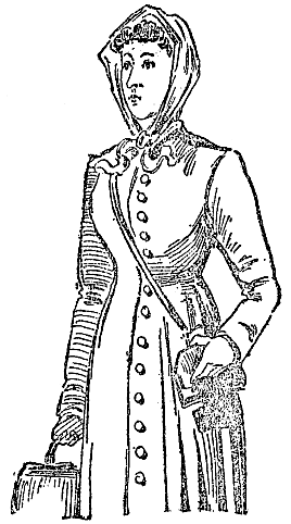 1892 newspaper sketch of Annie Moore, a young woman in a hood and a long buttoned coat, carrying a small bag