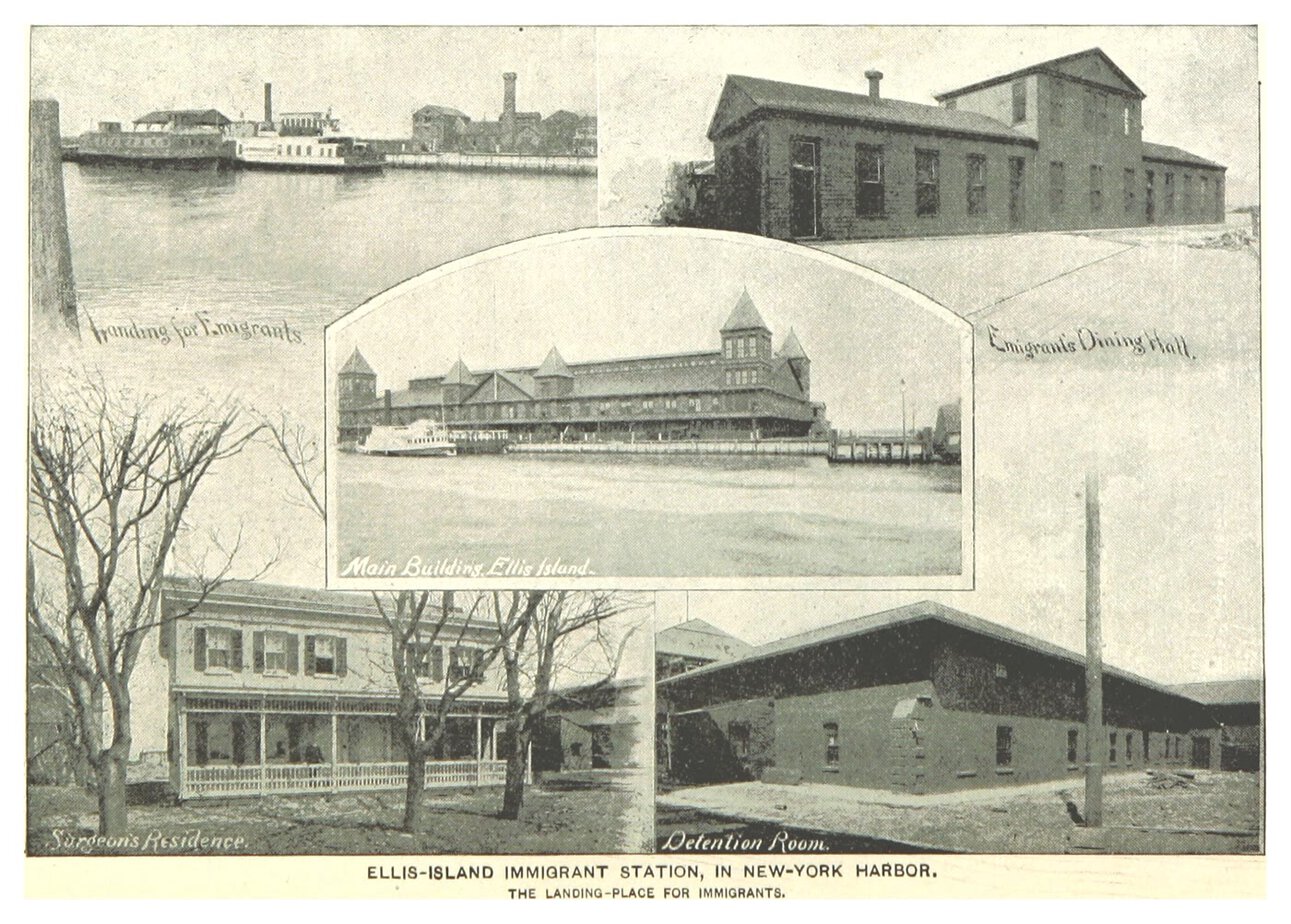1893 photographs of the original wooden Ellis Island immigrant station, showing the turreted main building, the landing for emigrants, the dining hall, the detention room and the surgeon's residence