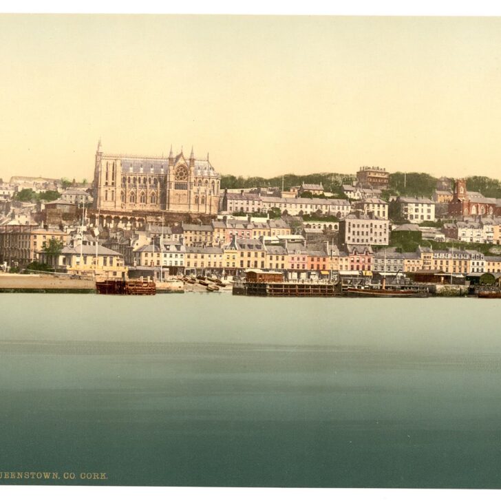 Colour photochrom of Queenstown (Cobh), County Cork, in the 1890s: the harbour town rising above the water, where Annie Moore boarded for New York