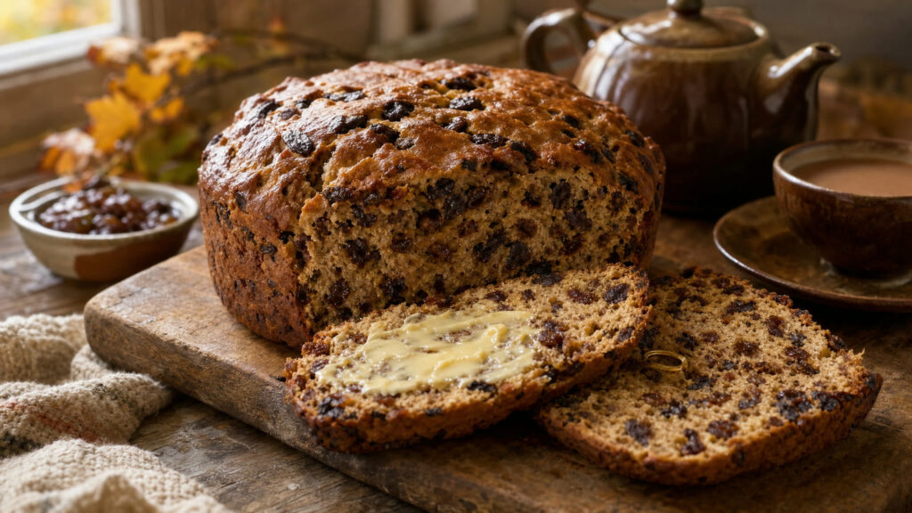 A sliced Irish barmbrack tea brack on a wooden board with butter, a ring in one slice and a pot of tea