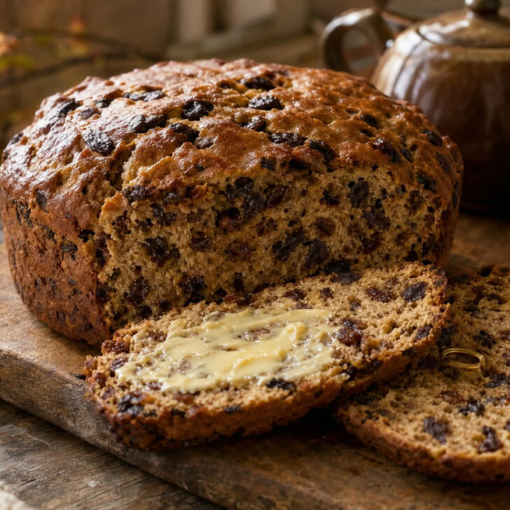 A sliced Irish barmbrack tea brack on a wooden board with butter, a ring in one slice and a pot of tea