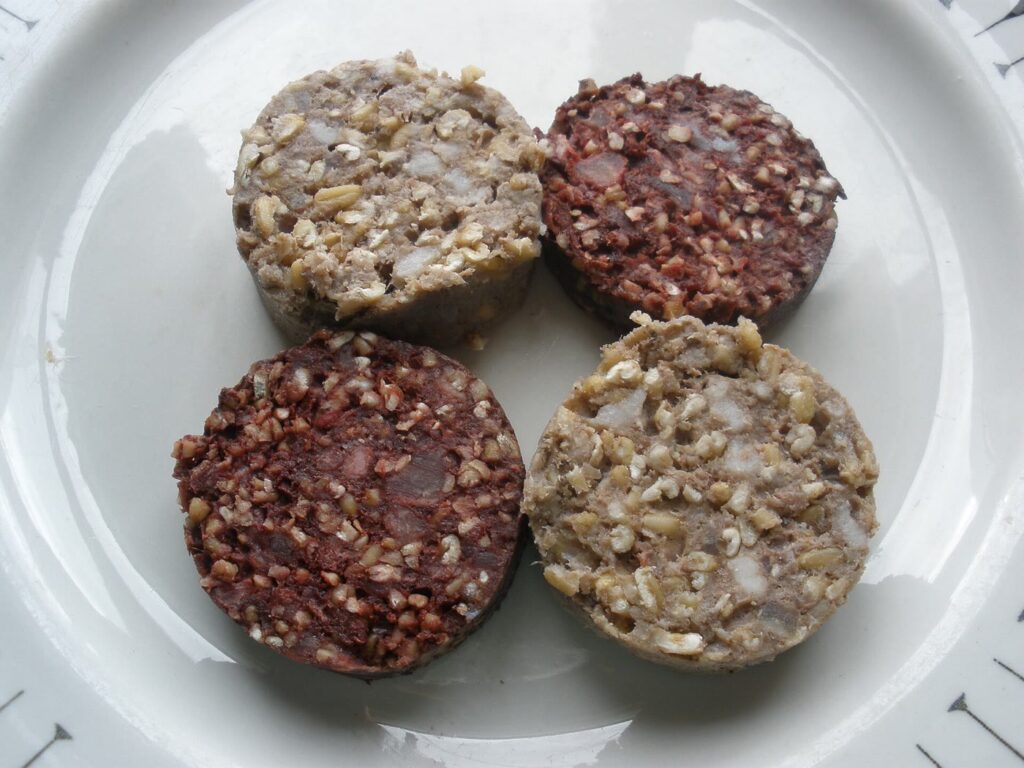 Four uncooked round slices of Irish pudding on a white plate: two dark red-brown black pudding slices and two pale white pudding slices, all studded with oatmeal