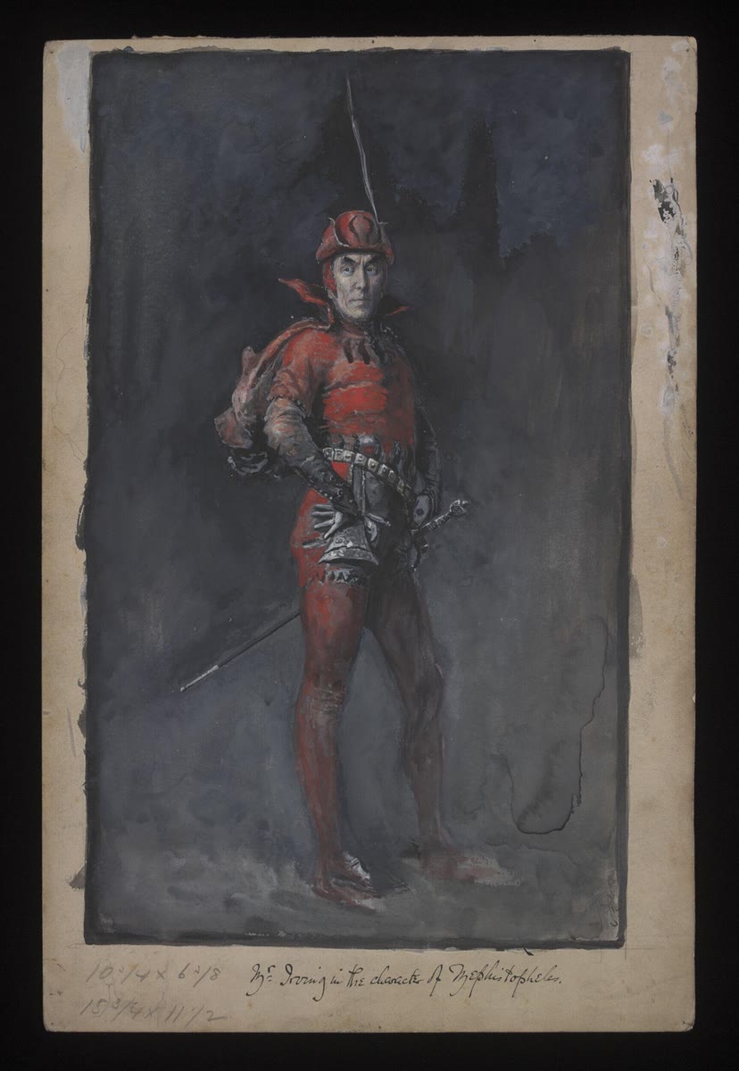 Watercolour of the actor Henry Irving as Mephistopheles, a gaunt figure in a red costume and a feathered red cap with a sword at his hip, against a dark grey background