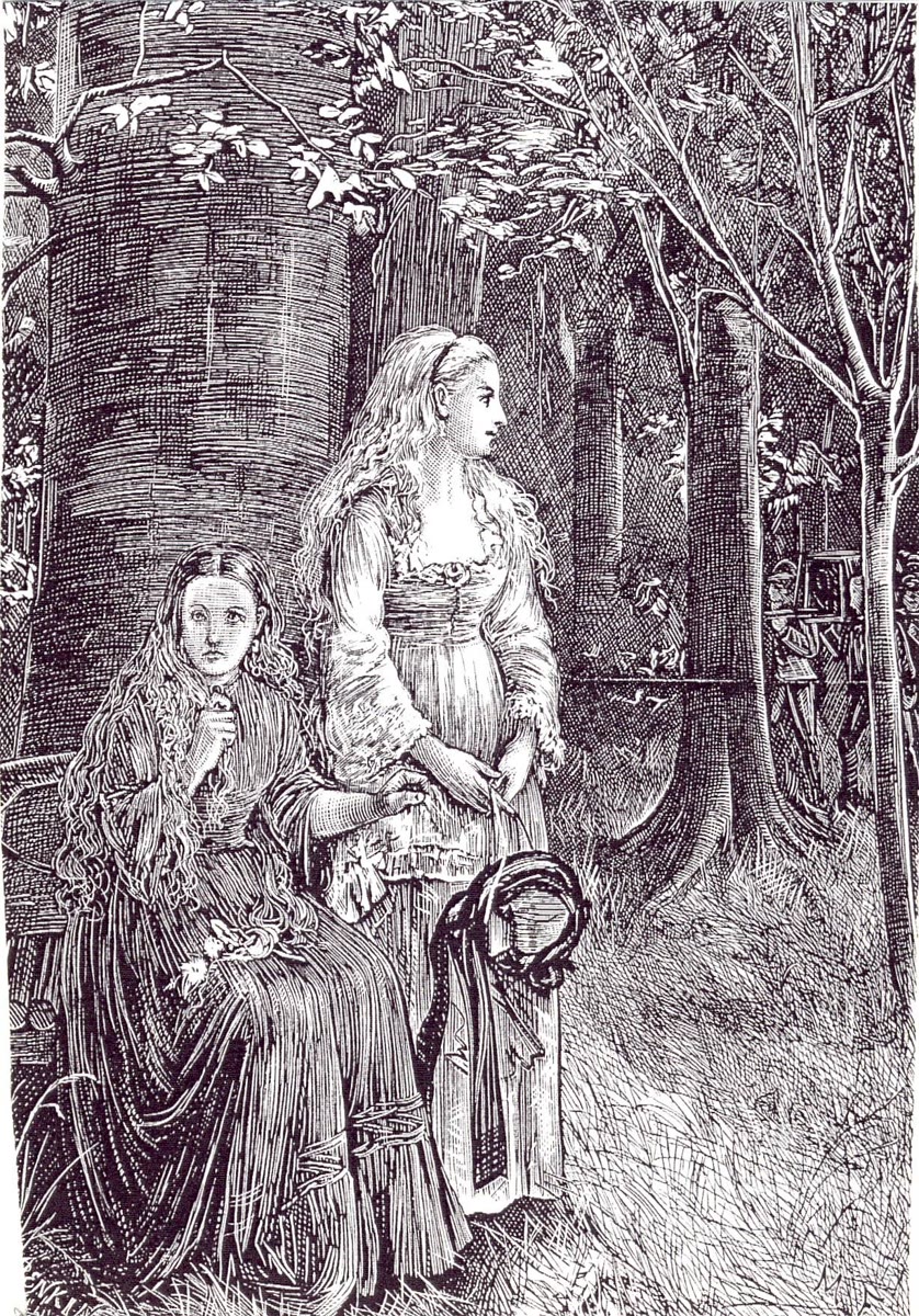 Victorian wood engraving of two young women with long hair in a wood, one seated and one standing, looking towards a funeral procession among the trees
