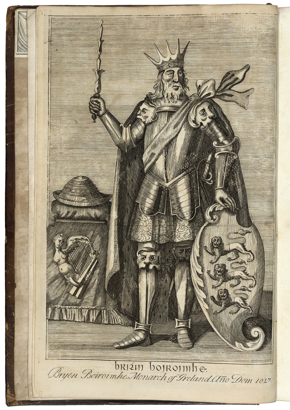1723 engraving of Brian Boru imagined as a bearded king in plate armour and a spiked crown, holding a sceptre and a shield with three lions, beside a winged-maiden harp