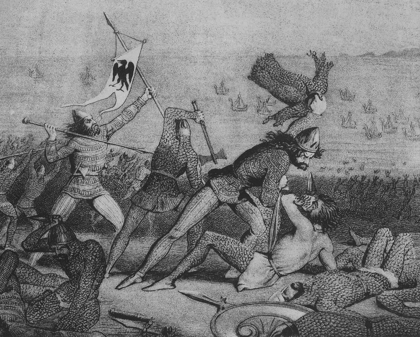 19th-century print of the Battle of Clontarf: warriors in mail fight on the shore under a banner bearing a black bird, with longships out in Dublin Bay