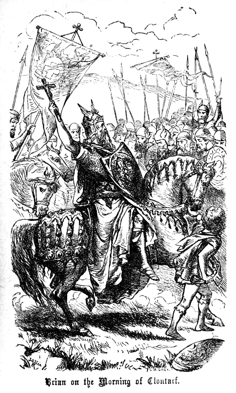 Victorian engraving of Brian Boru on horseback holding up a crucifix before his army on the morning of the Battle of Clontarf, with banners and spears behind him