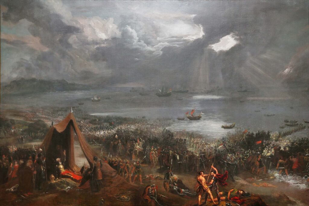 Battle of Clontarf, where Brian Boru died: Hugh Frazer's 1826 painting of armies clashing along the shore of Dublin Bay beside a royal tent, with Viking ships under a stormy sky