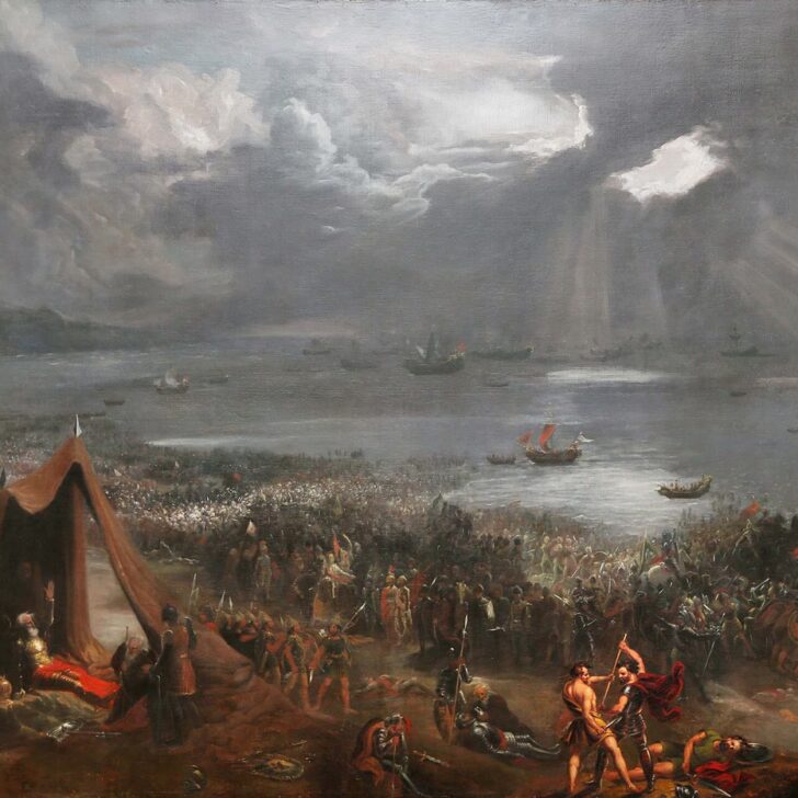 Battle of Clontarf, where Brian Boru died: Hugh Frazer's 1826 painting of armies clashing along the shore of Dublin Bay beside a royal tent, with Viking ships under a stormy sky
