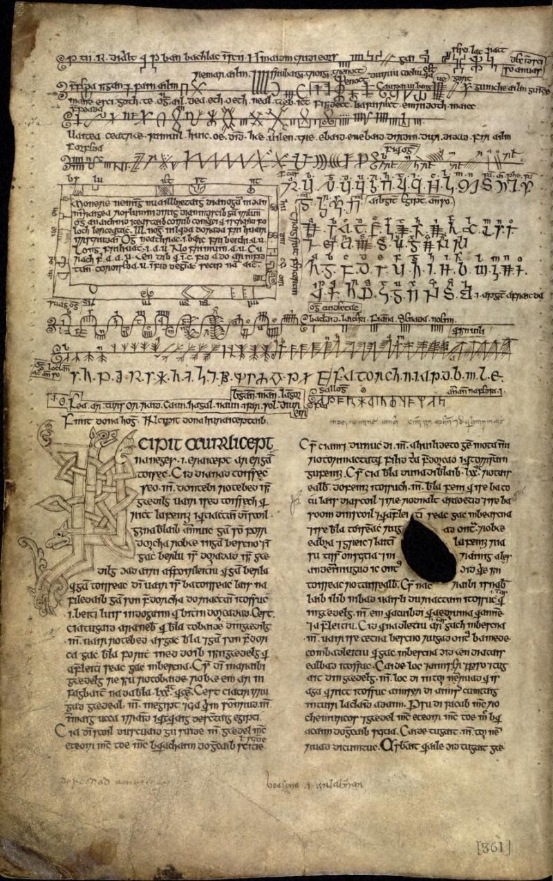 A medieval manuscript page covered with rows of ogham and other secret alphabets, above a decorated initial and two columns of Irish script