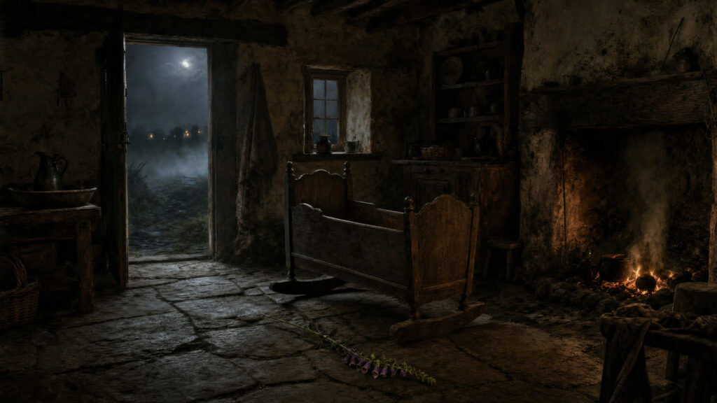 An empty wooden cradle by a turf fire in an old Irish cottage, foxglove on the floor and moonlight at the door