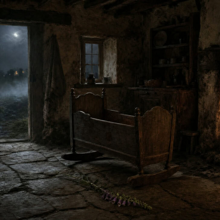 An empty wooden cradle by a turf fire in an old Irish cottage, foxglove on the floor and moonlight at the door