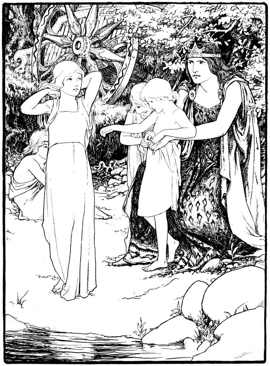 1890s line drawing of a crowned woman in a long patterned cloak helping a small child undress beside a lake while the other three children get ready nearby, with a chariot wheel behind them