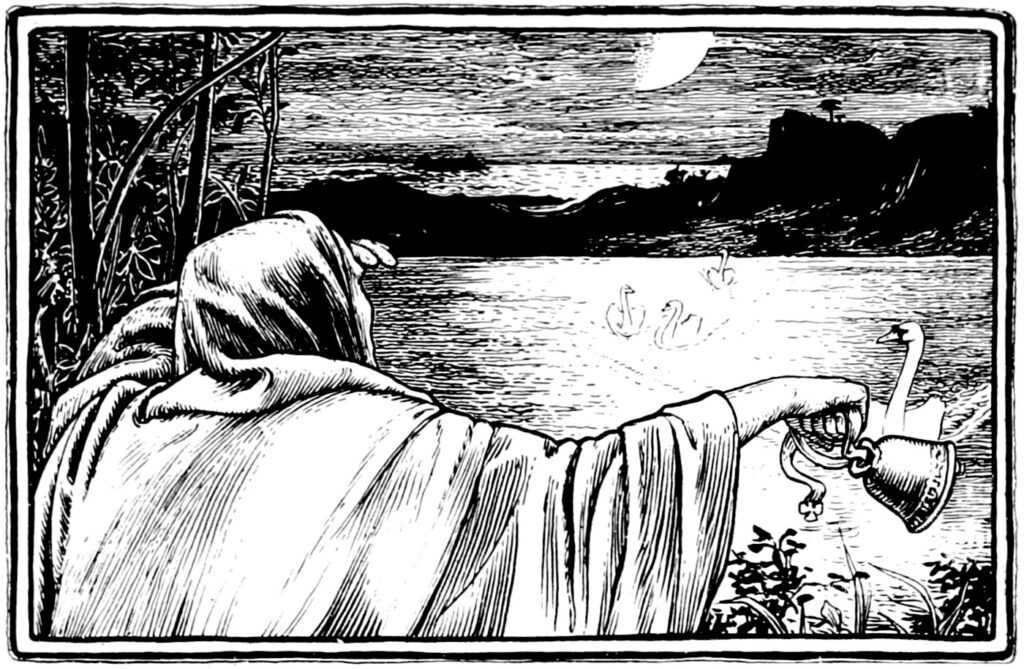 Black and white illustration from 1894: a hooded figure on the shore rings a bell as four swans glide on the moonlit water