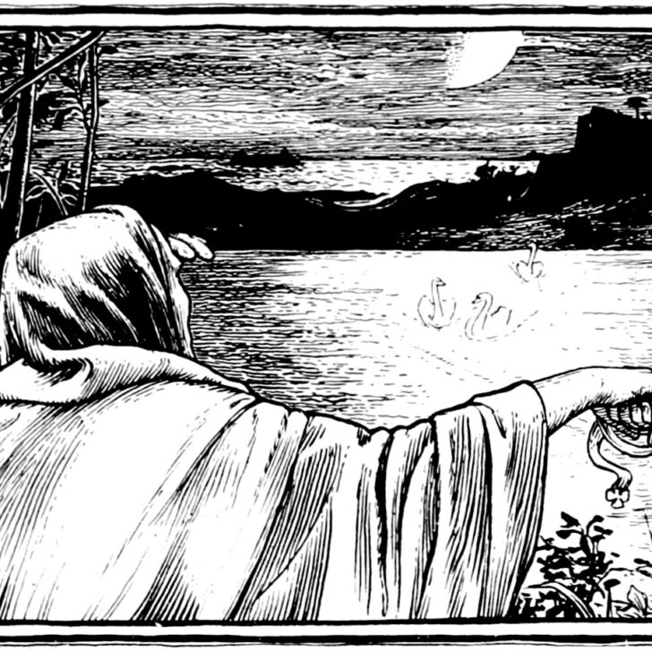 Black and white illustration from 1894: a hooded figure on the shore rings a bell as four swans glide on the moonlit water