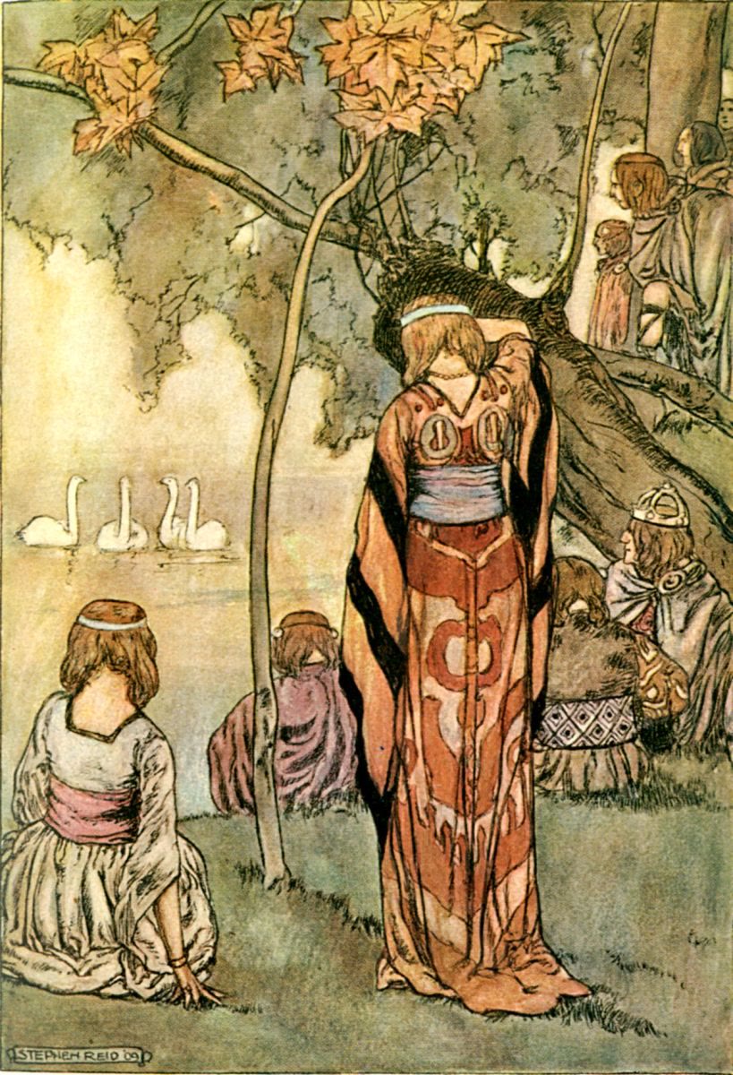 Colour illustration of richly dressed people sitting and standing under an autumn tree, watching four white swans on a calm lake