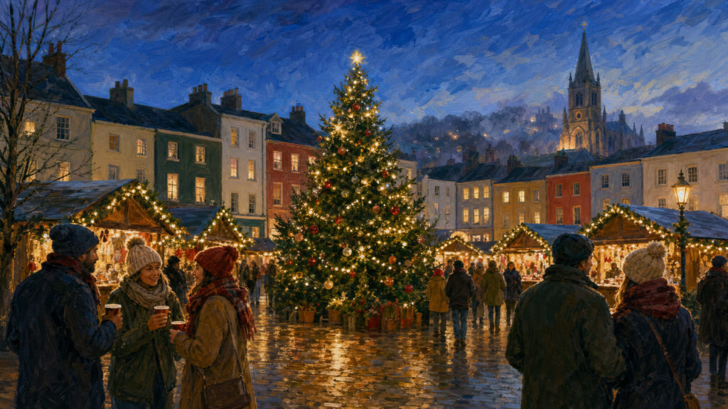 Painting of a Christmas market in an Irish town square at dusk, with lit wooden chalets, a tall Christmas tree and people in winter coats