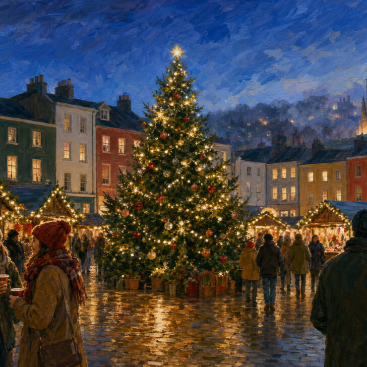 Painting of a Christmas market in an Irish town square at dusk, with lit wooden chalets, a tall Christmas tree and people in winter coats