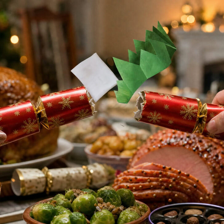 A Christmas cracker snapping open over an Irish Christmas dinner table, with a paper crown and a joke slip flying out