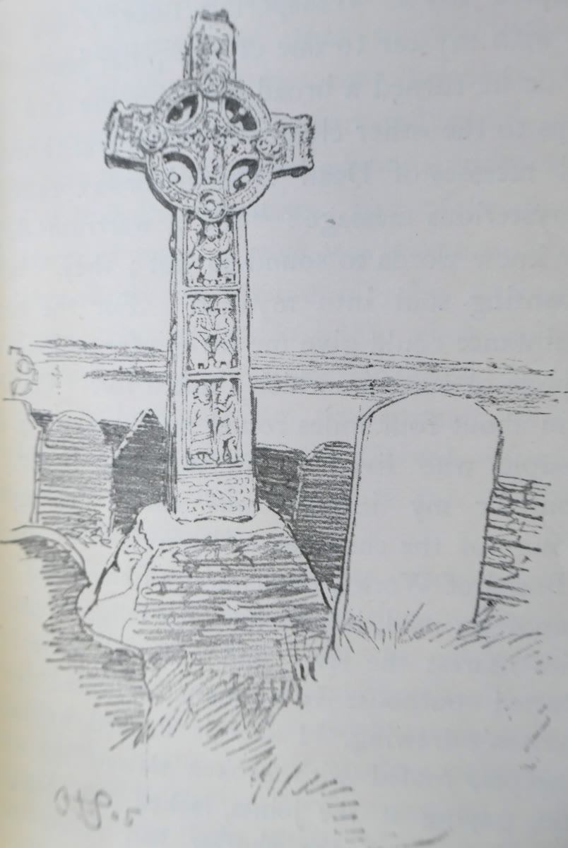 Line drawing of the Cross of the Scriptures at Clonmacnoise: a tall ringed high cross with carved figure panels on its shaft, standing among gravestones with the flat Shannon landscape behind