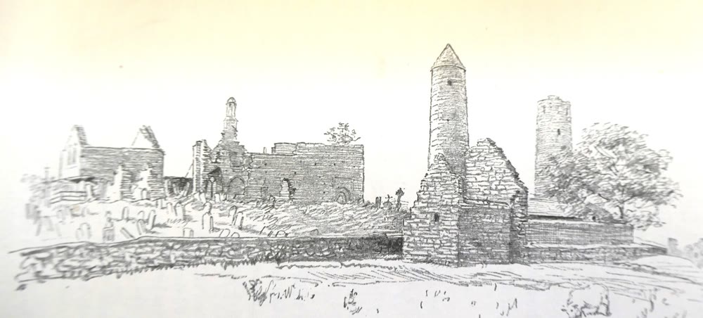Line drawing of the Clonmacnoise ruins: roofless stone churches and a graveyard wall, with a capped round tower in the centre and a second, broken-topped round tower behind it on the right