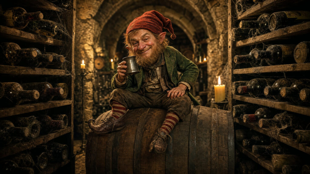 A small mischievous fairy man in a red cap sitting on a wine barrel in a candlelit cellar, the clurichaun