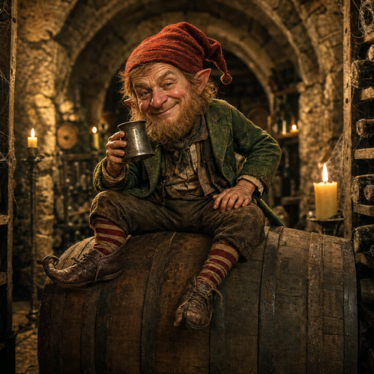 A small mischievous fairy man in a red cap sitting on a wine barrel in a candlelit cellar, the clurichaun