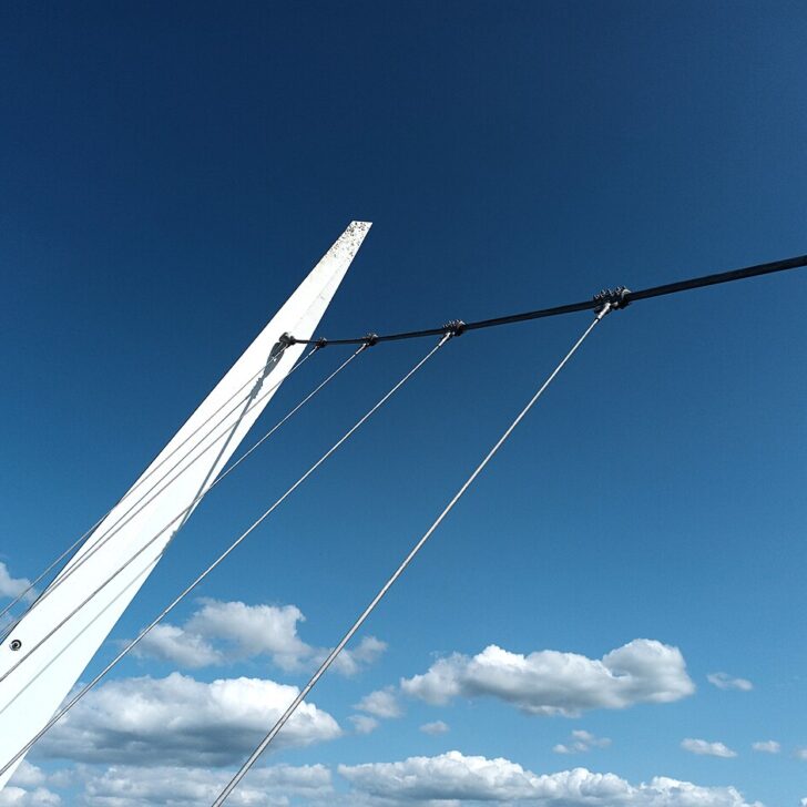 The Peace Bridge in Derry against a blue sky