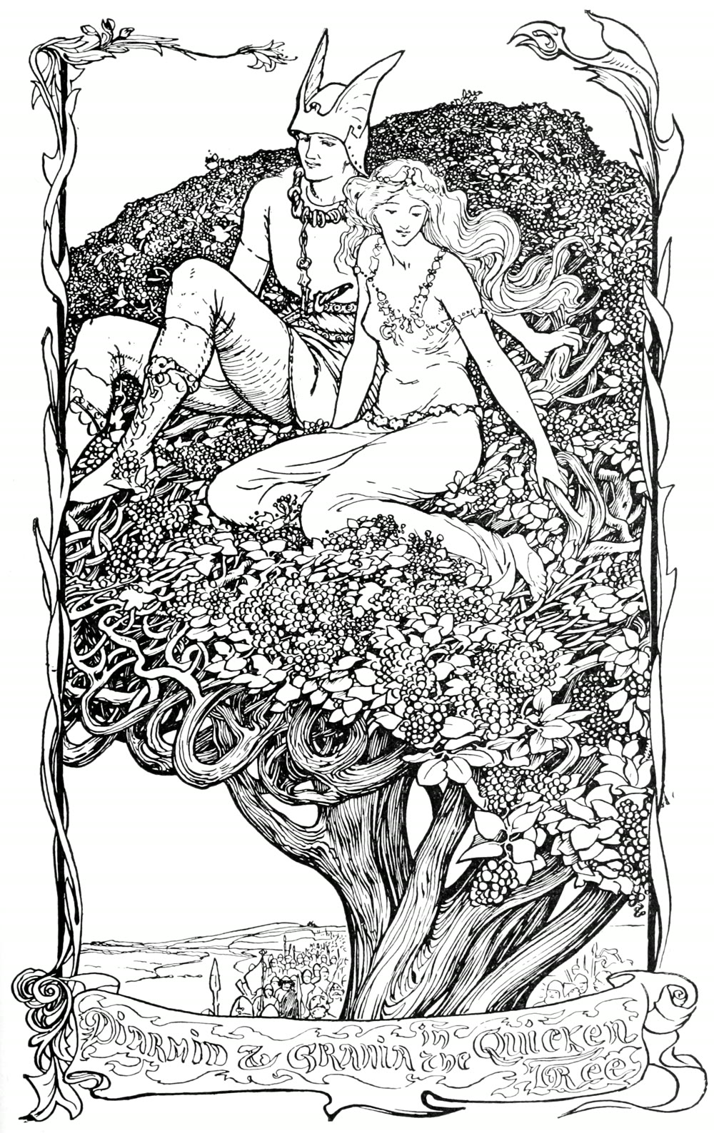 Black and white 1902 illustration of Diarmuid and Gráinne sitting in the top of a rowan tree heavy with berries, with warriors gathering below