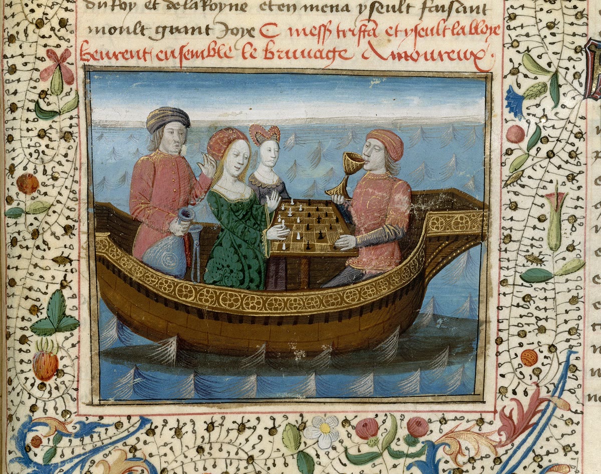 Medieval manuscript painting of Tristan and Iseult in a boat at a chessboard, Tristan drinking from a golden cup