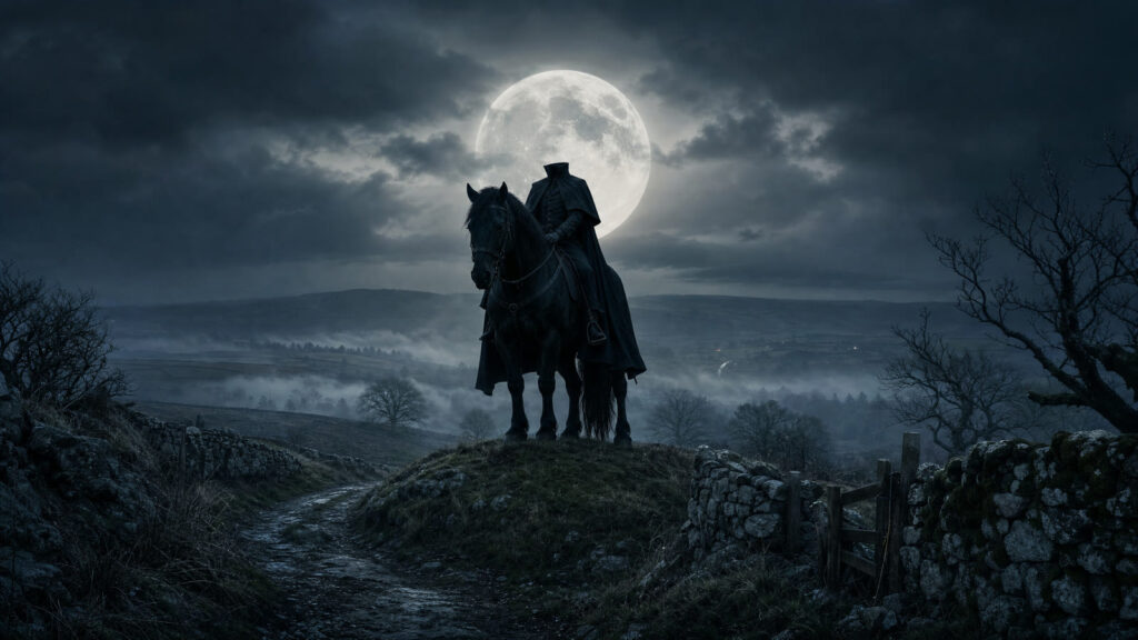 A headless horseman in a long cloak on a black horse on a hilltop in rural Ireland at night, a full moon behind him, mist in the valley and stone walls below