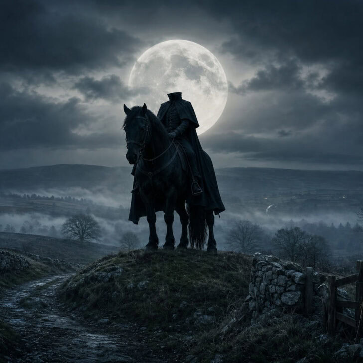 A headless horseman in a long cloak on a black horse on a hilltop in rural Ireland at night, a full moon behind him, mist in the valley and stone walls below